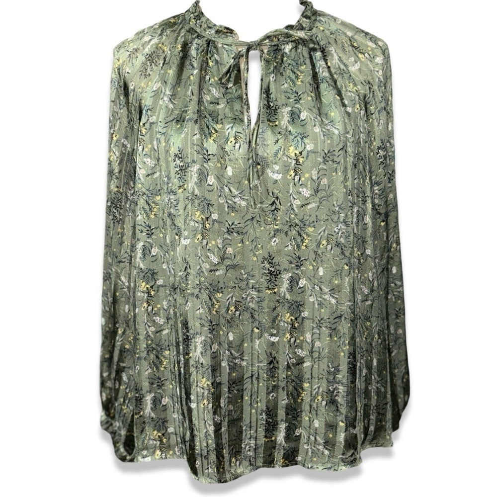 MELLÓDAY OLIVE GREEN & GOLD METALLIC FLECK FLORAL PLEATED PEASANT BLOUSE